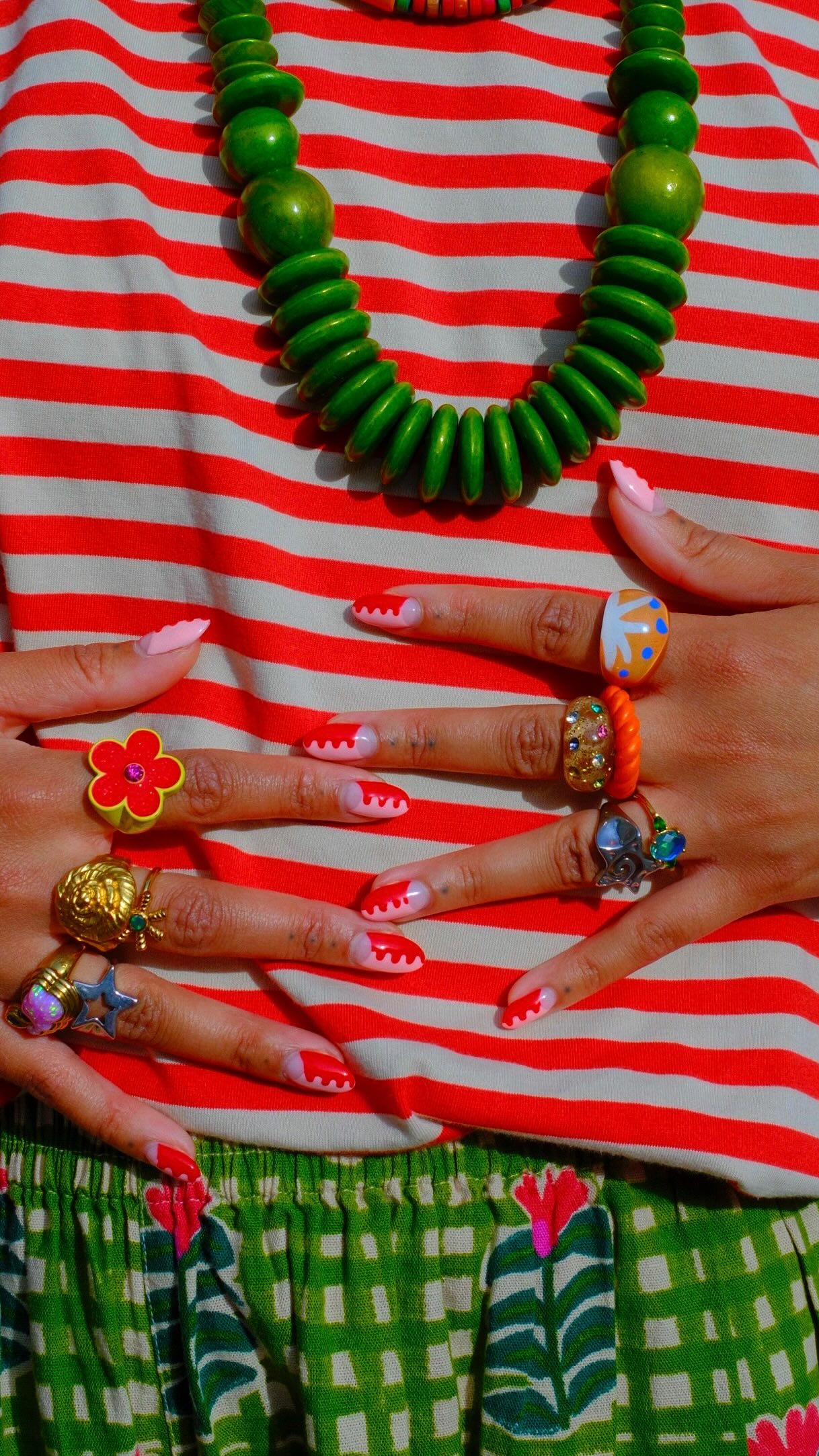 Instagram post by @demicolleen for Lucy & Yak. Caption reads: me 🫱🏽‍🫲🏾 a striped tee and patterned trouser....