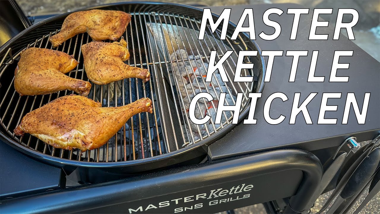 YouTube post by @AshKickinBBQ for SNS Grills. Caption reads: CRISPY Smoked Chicken Leg Quarters On A Kettle! |....