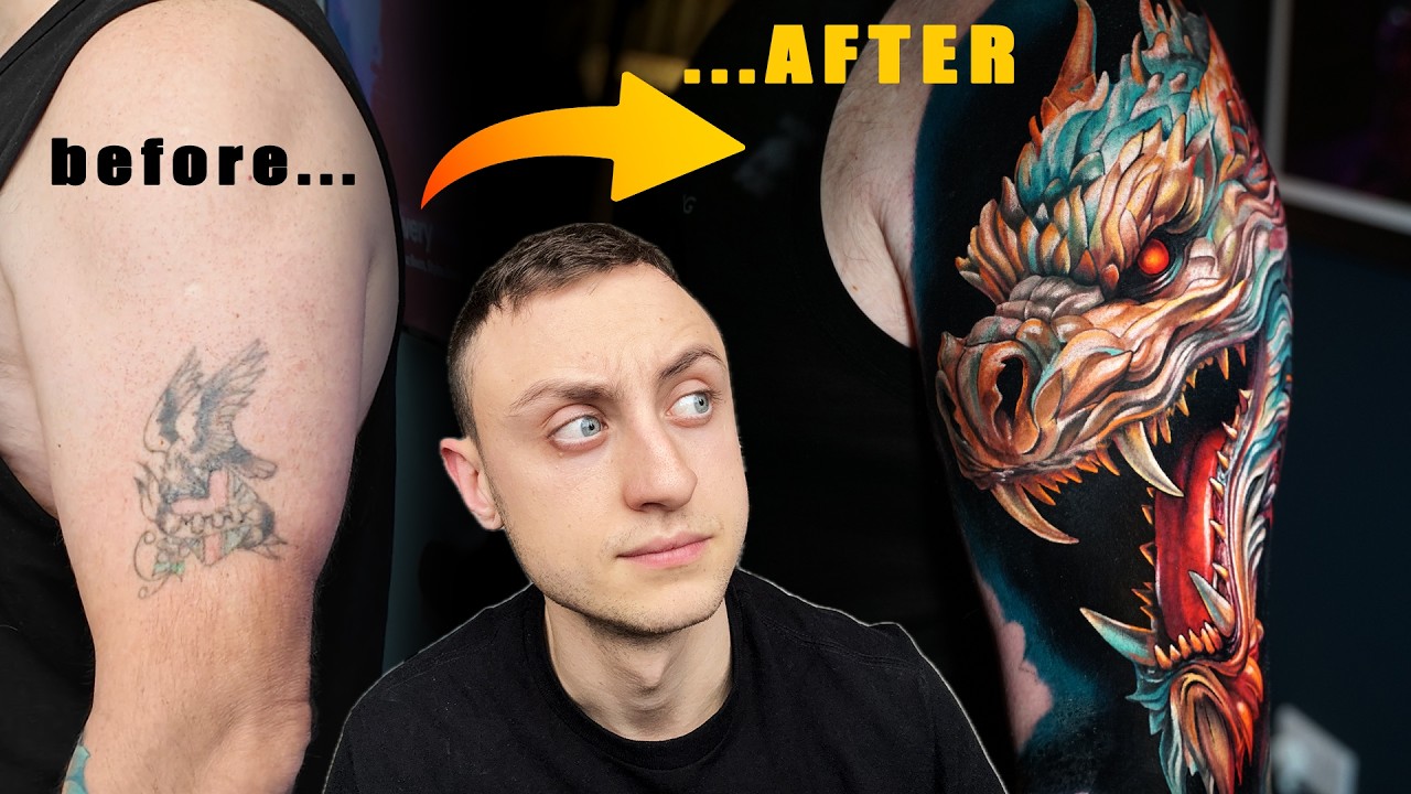 YouTube post by @joshwilliamstattoo for Dragonhawk Official. Caption reads: Tattooing a Dragon COVER UP | 3 DAYS IN A ROW! |....