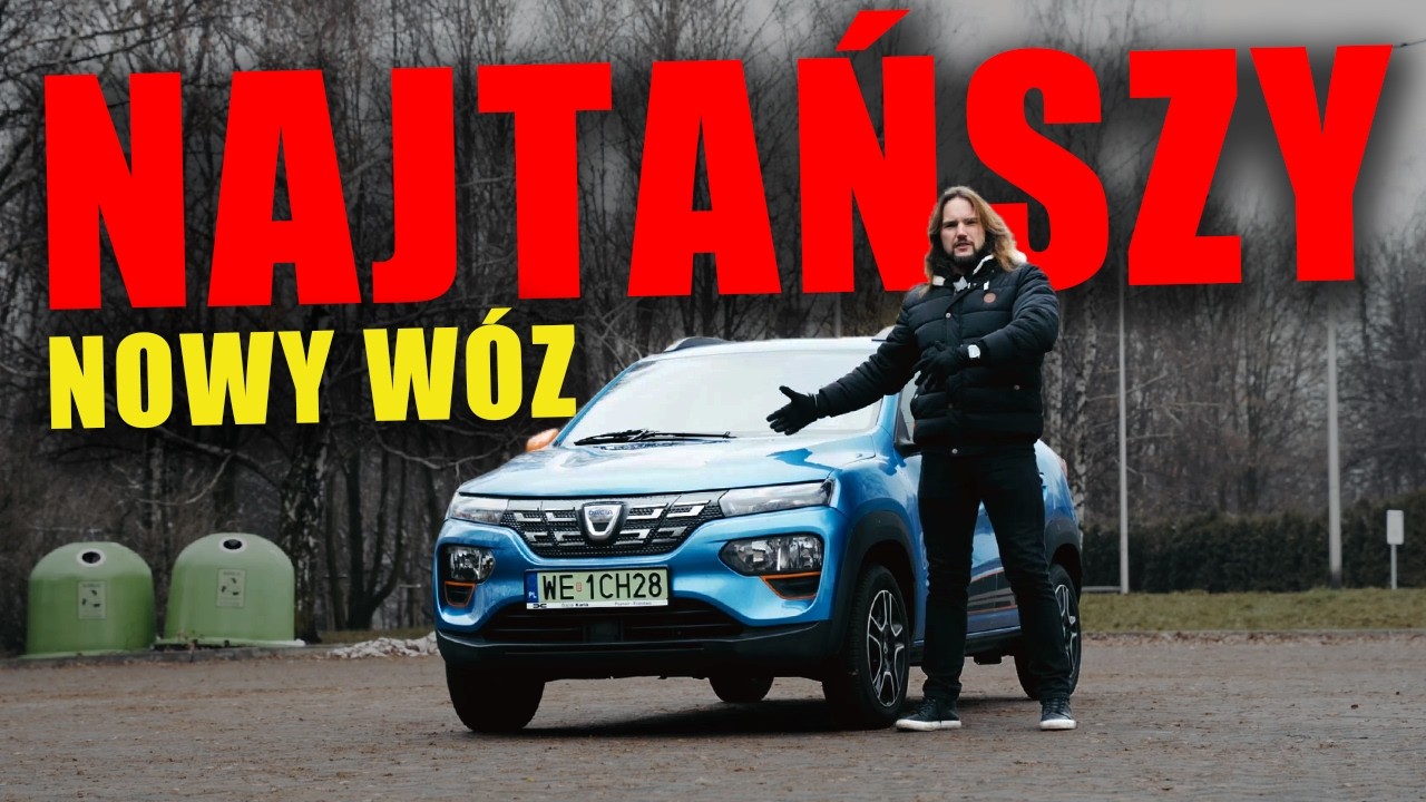 YouTube post by @MotoBieda for Mubi.pl. Caption reads: Dacia Spring: TANIEJ się nie da - MotoBieda.