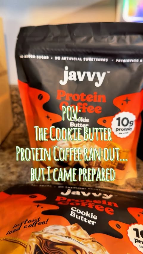 Instagram post by @infohomehaven for Javvy Coffee. Caption reads: The panic of finishing your Cookie Butter Protein....