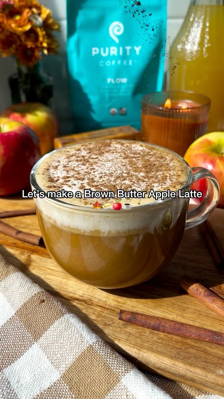 Instagram post by @walleats for Purity Coffee. Caption reads: #sponsored BROWN BUTTER APPLE LATTE 🍁🧈🍎☕️ This....