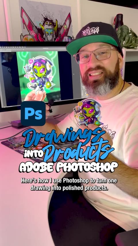 Instagram post by @enoxart for Adobe Photoshop. Caption reads: Turning one character idea into sticker-ready....