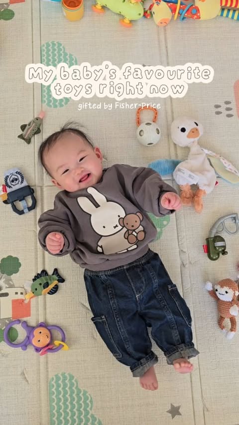 Instagram post by @madewithapril for Fisher-Price. Caption reads: [...] in her little pockets 👀🩷....