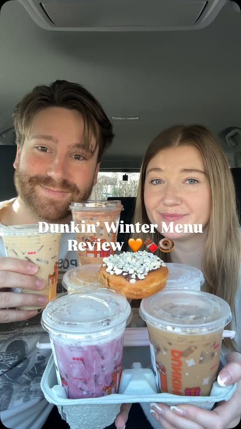 Instagram post by an influencer for Dunkin’. Caption reads: trying Dunkin’s NEW winter menu!! 🧡🍫🍩 [...].