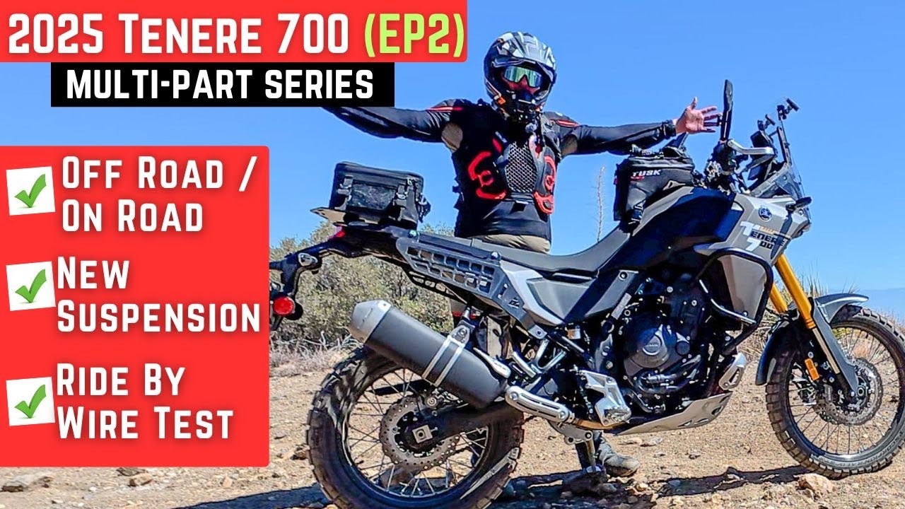 YouTube post by @BigRockMoto for Mosko Moto. Caption reads: 2025 Yamaha Tenere 700 First Ride | Hugely....