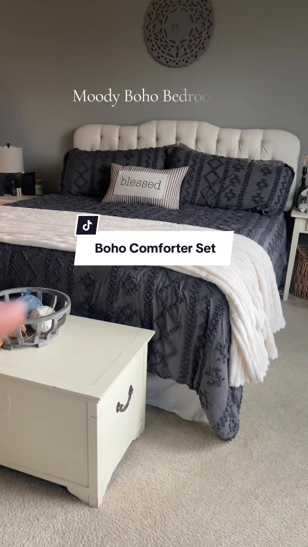 TikTok post by @lisarobinson145 for Bedsure Home. Caption reads: It’s finally back! This Boho, dark gray comforter....