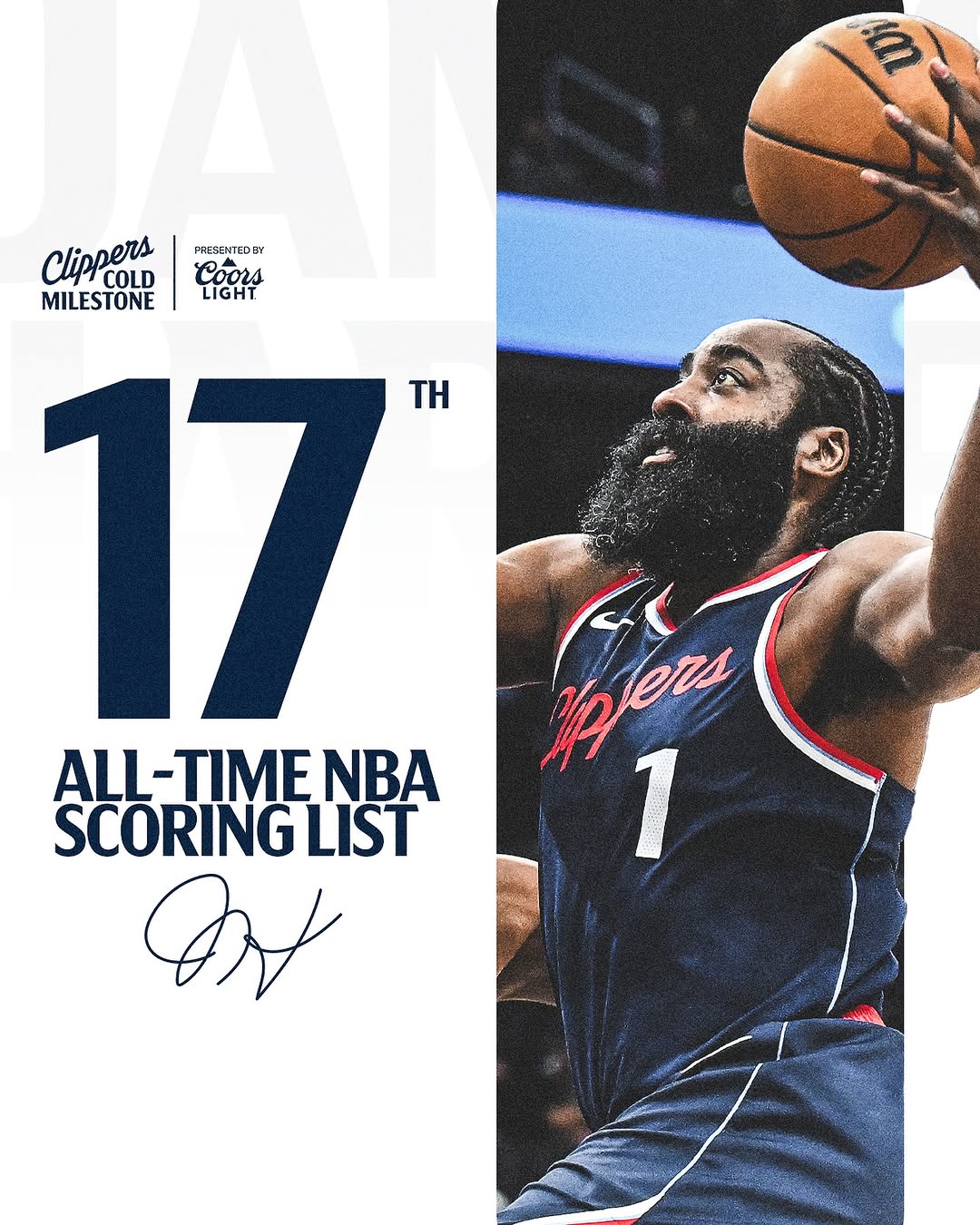 Instagram post by @laclippers for Coors Light. Caption reads: Congrats to @jharden13 for moving to 17th on the....