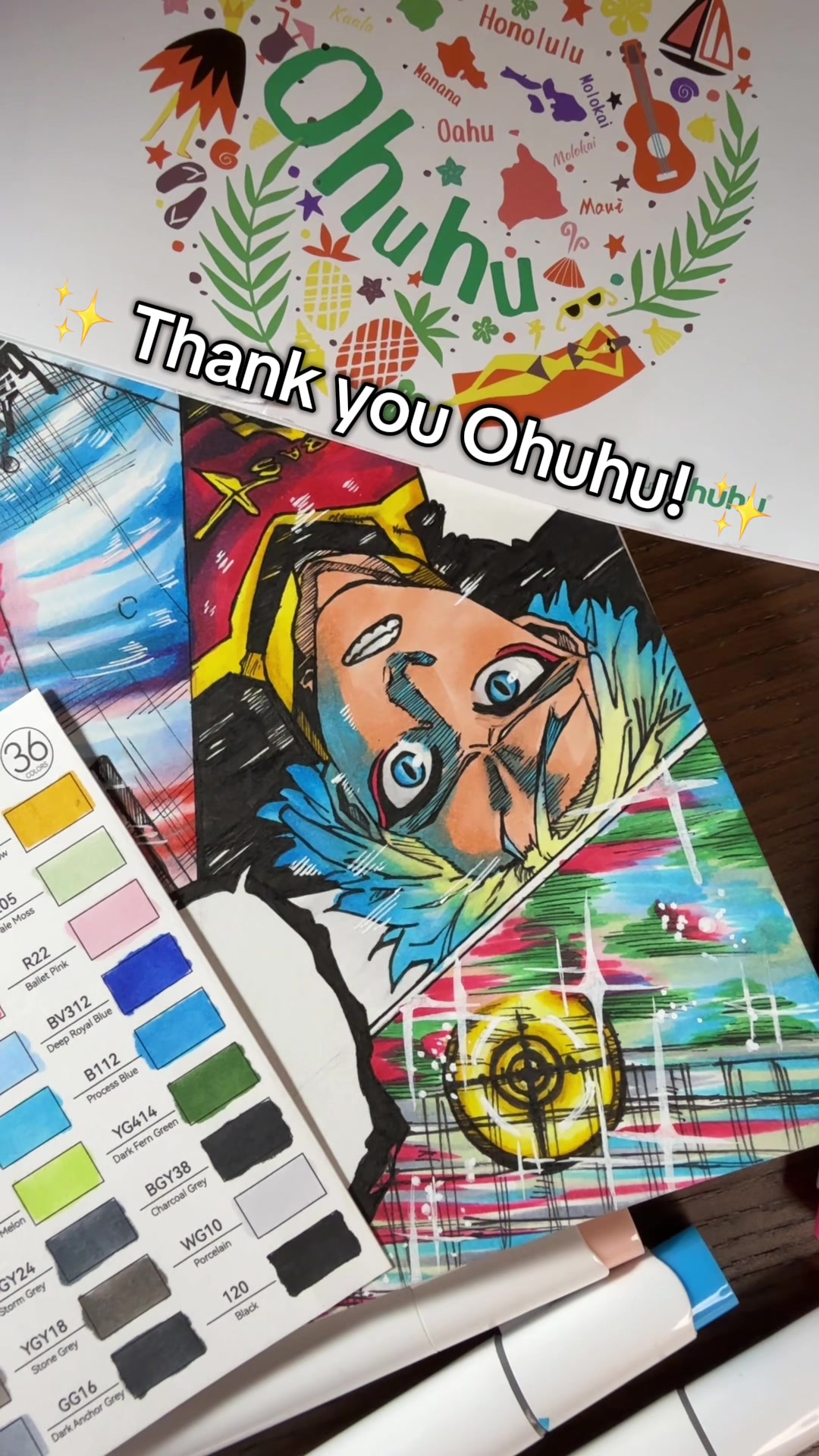 TikTok post by @tips.and.skills for Ohuhu. Caption reads: @Ohuhuart with a big Sponsor!! 🔥🔥 Ohuhu X Blue....