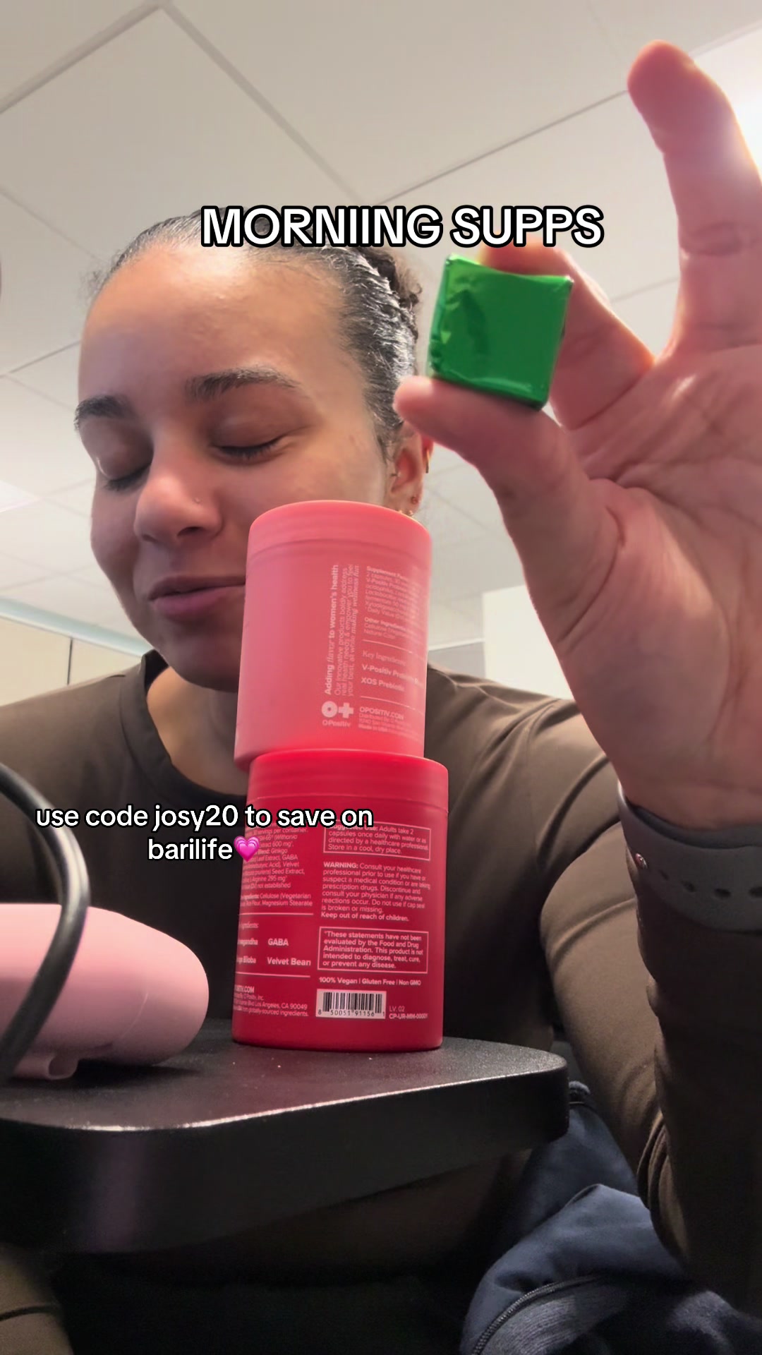 TikTok post by @josygotcurlss for Bari Life. Caption reads: [...] o-positive supplements i take 💗💗💗@Bari....
