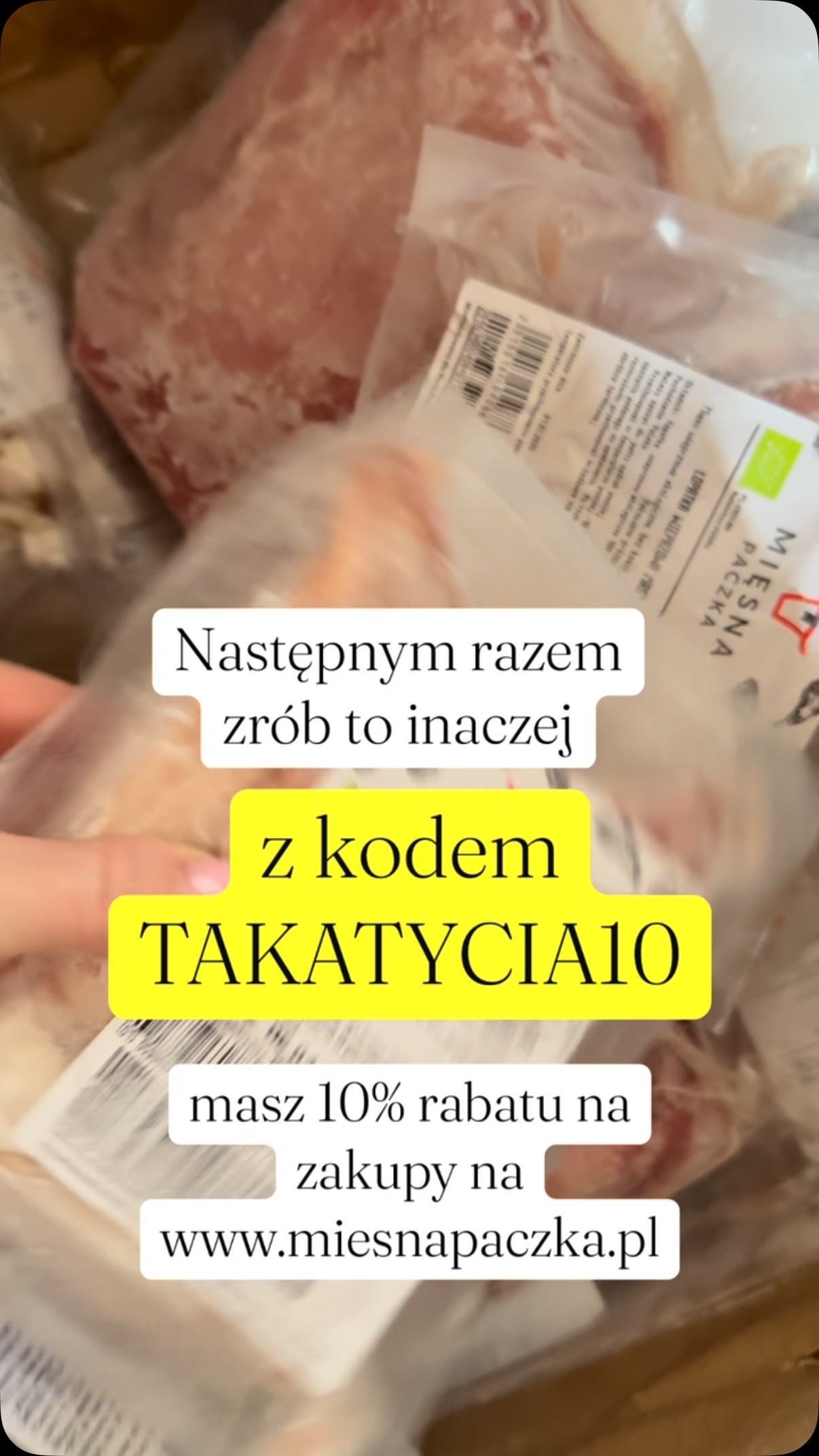 Instagram post by @takatycia for Mięsna Paczka. Caption reads: Ile czasu straciłaś na zakupy przed majówką?....