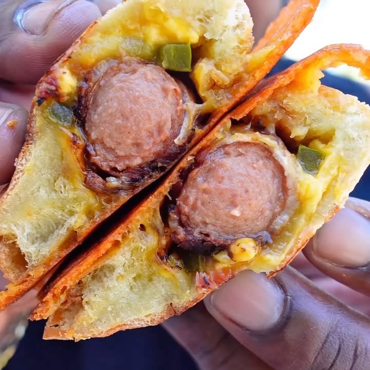 Instagram post by @chucksflavortrain for Mezzetta. Caption reads: HOT DOG GRILLED CHEESE🔥 Yeah, you heard that....