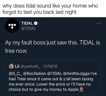 Instagram post by @fruitsnacks for TIDAL. Caption reads: [...] bad and made the whole app free 😂😂 @TIDAL....
