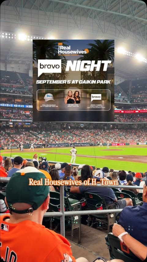Instagram post by @houston_trending_feed for The Houstonian. Caption reads: Bravo x Astro Night! 🧡✨🍊 Come hang out with Gina....