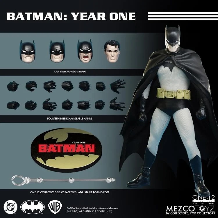 Instagram post by @inpursuitoftoys for Entertainment Earth. Caption reads: Mezco One:12 Collective Batman: Year One is up at....