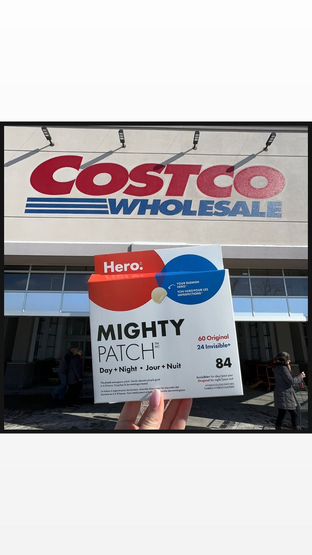 Instagram post by @livingonaloonie for Hero Cosmetics. Caption reads: #ad | Hero Mighty Patches are back at Costco....