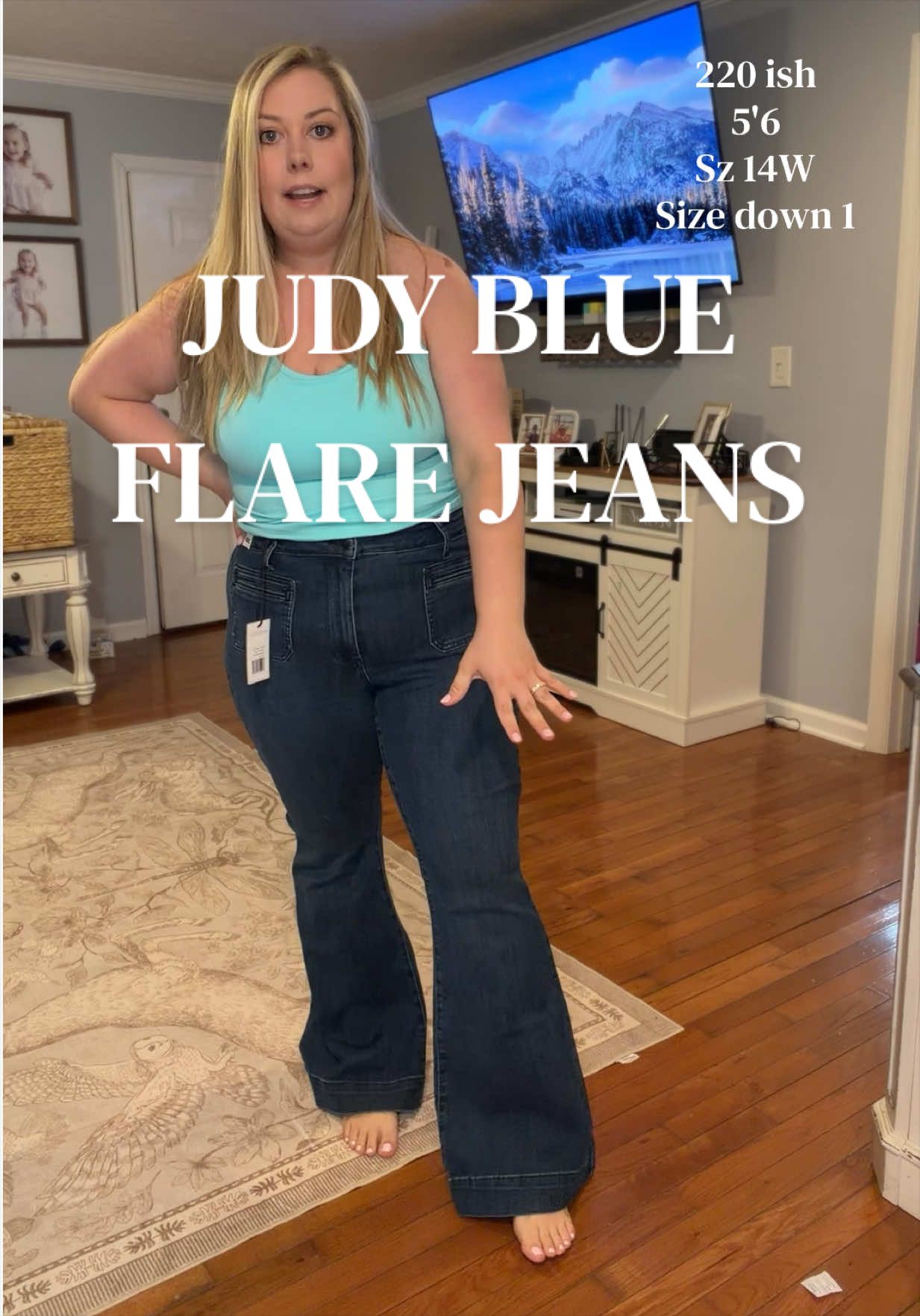 TikTok post by @sarahashleyt for Emma Lous Boutique. Caption reads: Flare Judy blue jeans from @Emma Lous Boutique the....