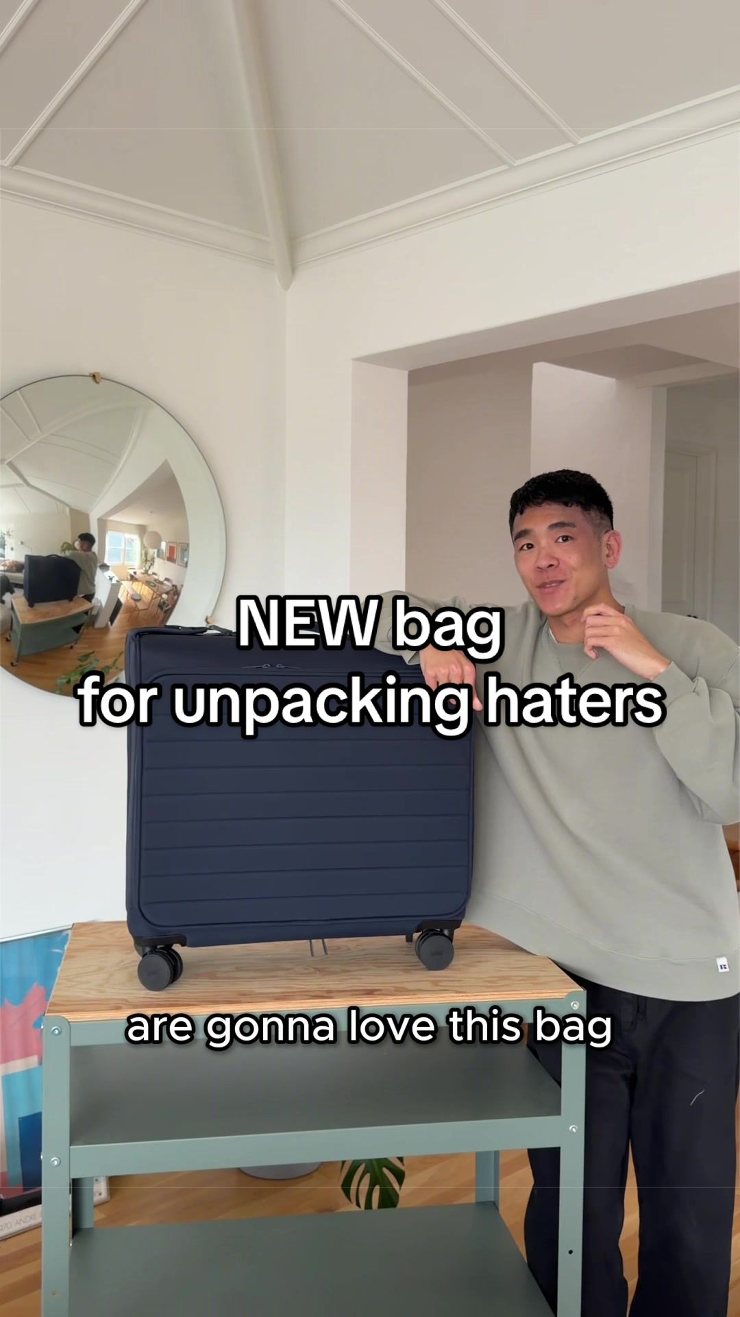 TikTok post by @andrewpolo_ for Away. Caption reads: [...] people that hate unpacking! @Away Travel’s....