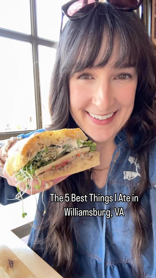 Instagram post by @vafoodie for Visit Williamsburg. Caption reads: These are the 5 BEST things I ate in Williamsburg,....