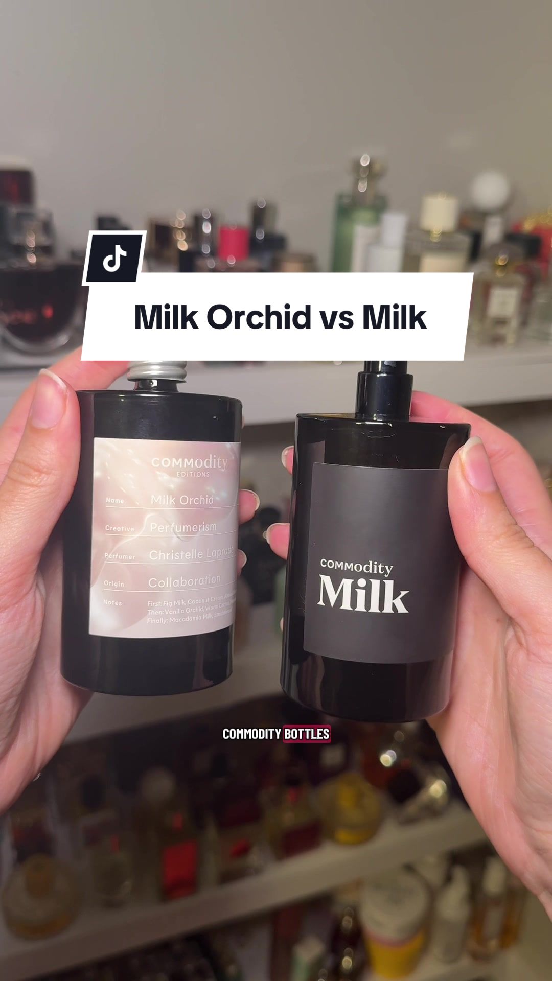 TikTok post by @theperfumegeek for Commodity Fragrances. Caption reads: [...] Commodity Milk Orchid perfume @Commodity....
