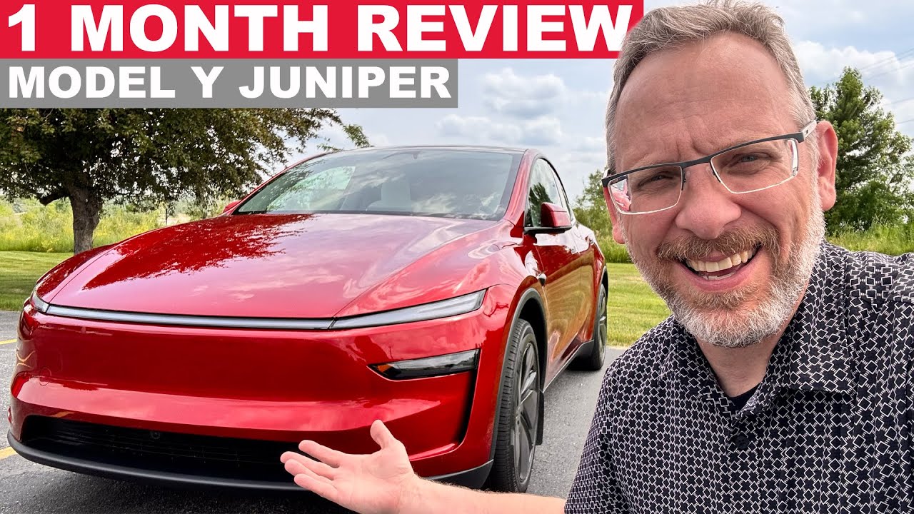 YouTube post by @iowatesla for MagBak. Caption reads: Tesla Model Y Juniper 1 Month Review - The Good....