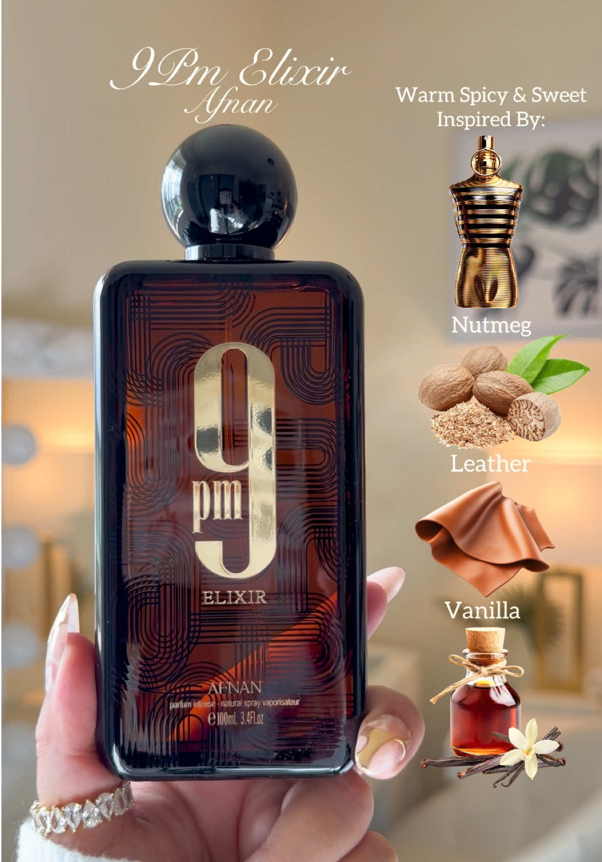 TikTok post by @gabbyfragrances for Afnan Perfumes. Caption reads: [...] Elixir Jean Paul Gaultier 🌰🍨🪵@Afnan....
