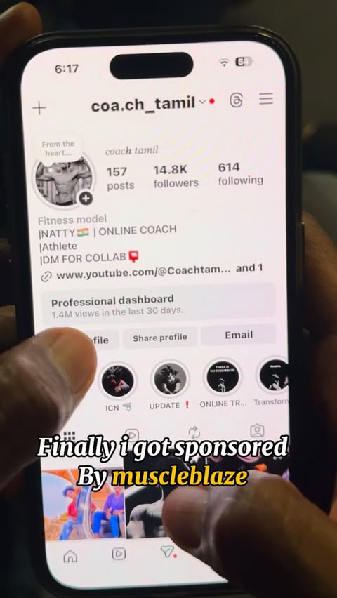 Instagram post by @coa.ch_tamil for MuscleBlaze. Caption reads: BRAND ATHLETE OF @muscleblaze USE MY CODE -....