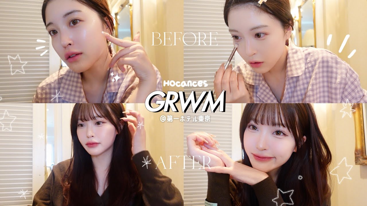 YouTube post by @kappa_channel_ for Qoo10. Caption reads: GRWM | Morning preparations at a cute hotel 🏨🤍.