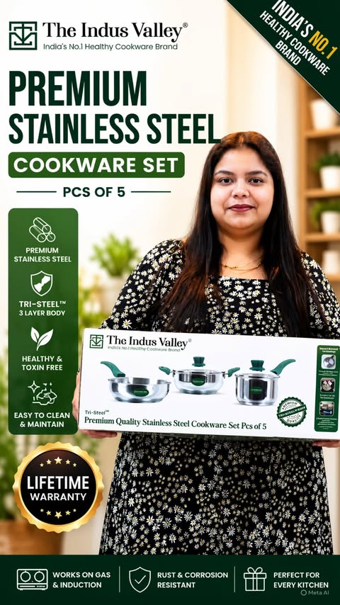Instagram post by @lilstar_lavish15_ for The Indus Valley. Caption reads: [...] tri-ply stainless steel cookware by The....