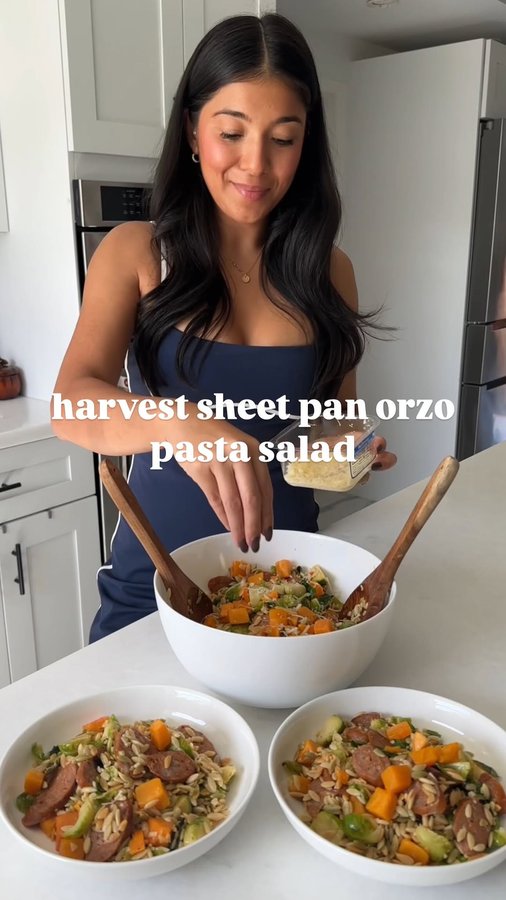 Instagram post by @giannafae for Premio Foods. Caption reads: Harvest Sheet Pan Orzo Pasta Salad with Italian....