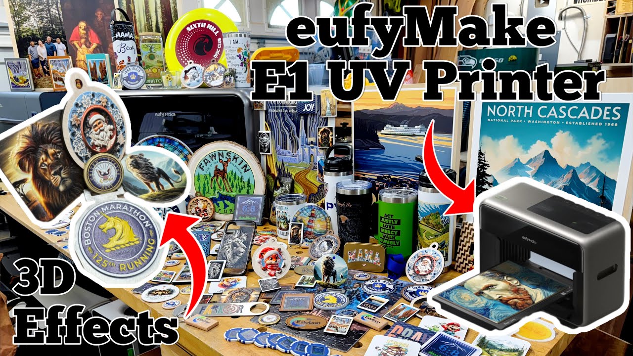 YouTube post by @SixEightWoodworks for Creative Fabrica. Caption reads: eufyMake E1 UV Printer: 3D Effects, Auto Tilt....