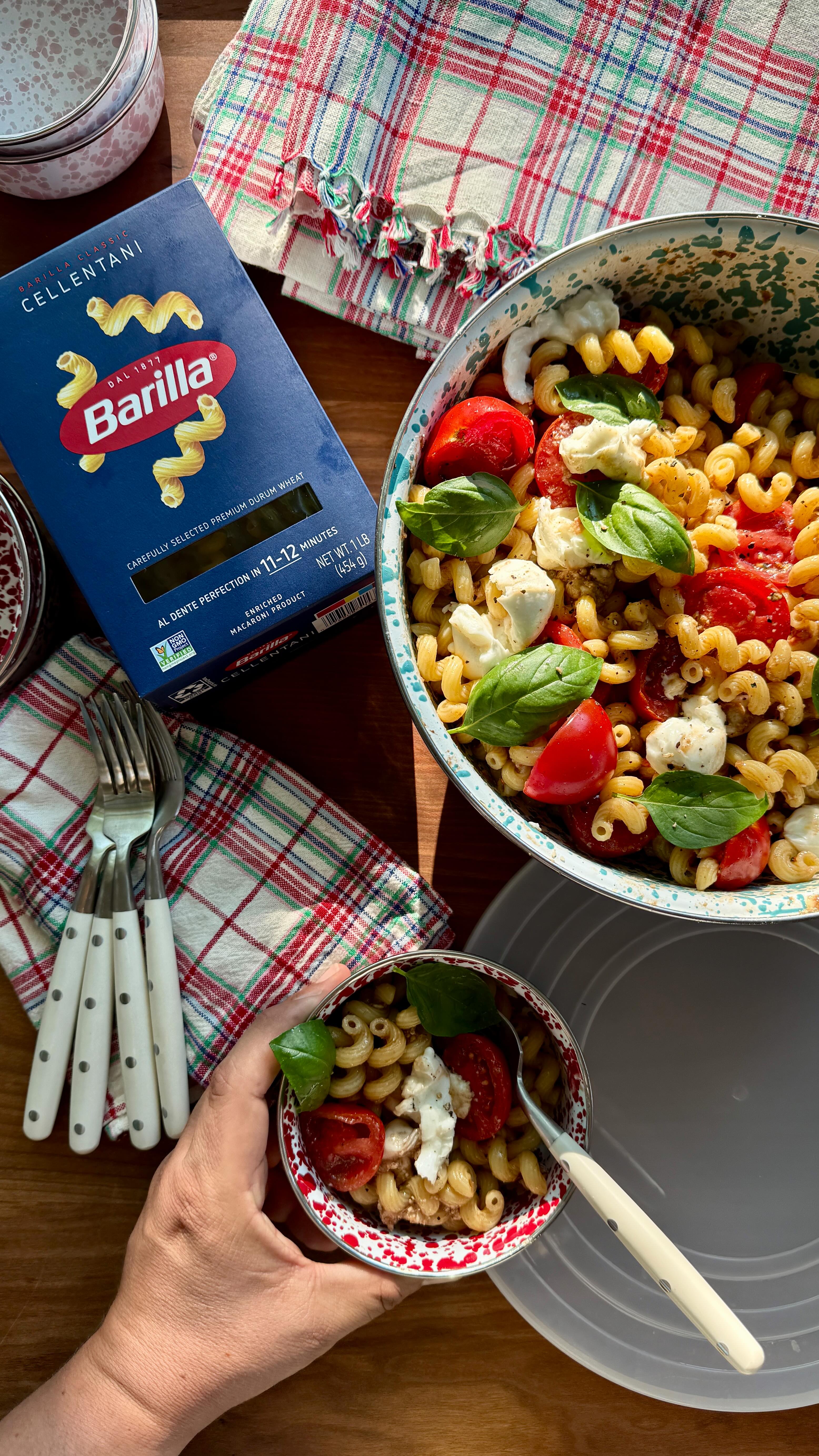 Instagram post by @grossypelosi for Barilla. Caption reads: #ad Today I’m making a caprese pasta salad for....