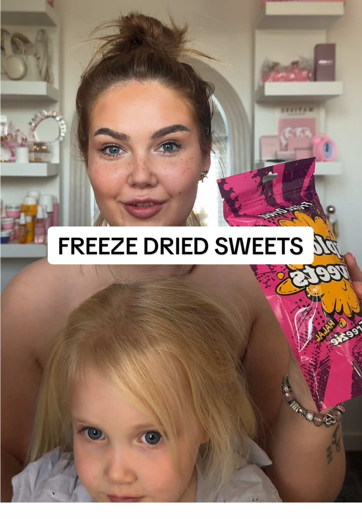 TikTok post by @niammxoxo for Exploded Sweets. Caption reads: Am I a mean mum🥲🤣 @Exploded Sweets  #freezedried....