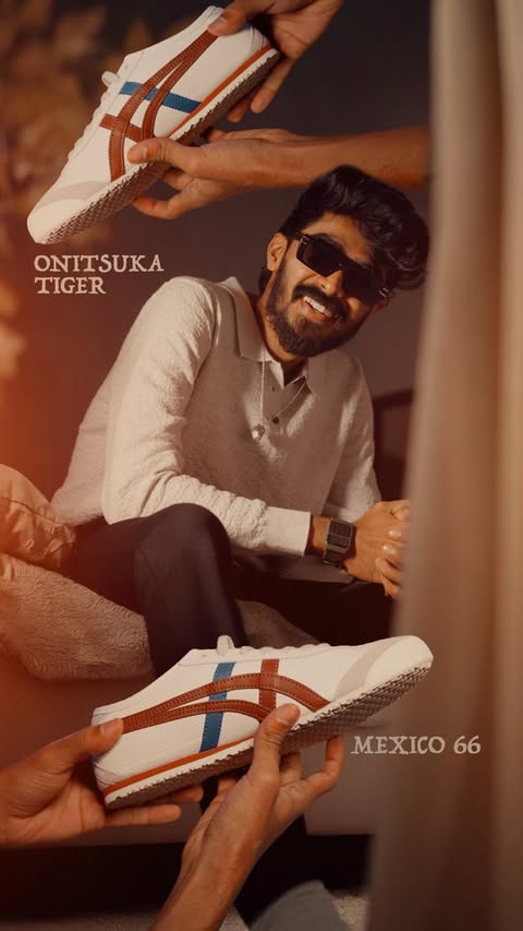 Instagram post by @muzammilmooza for Onitsuka Tiger. Caption reads: [...] President unboxing Onitsuka 😎

[ Fit check,....