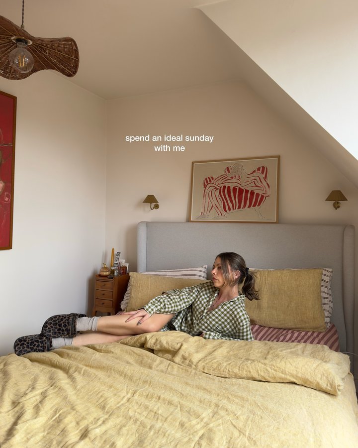 Instagram post by @betsiebb for Schuh. Caption reads: ad my guide to the perfect cosy Sunday; no alarms....