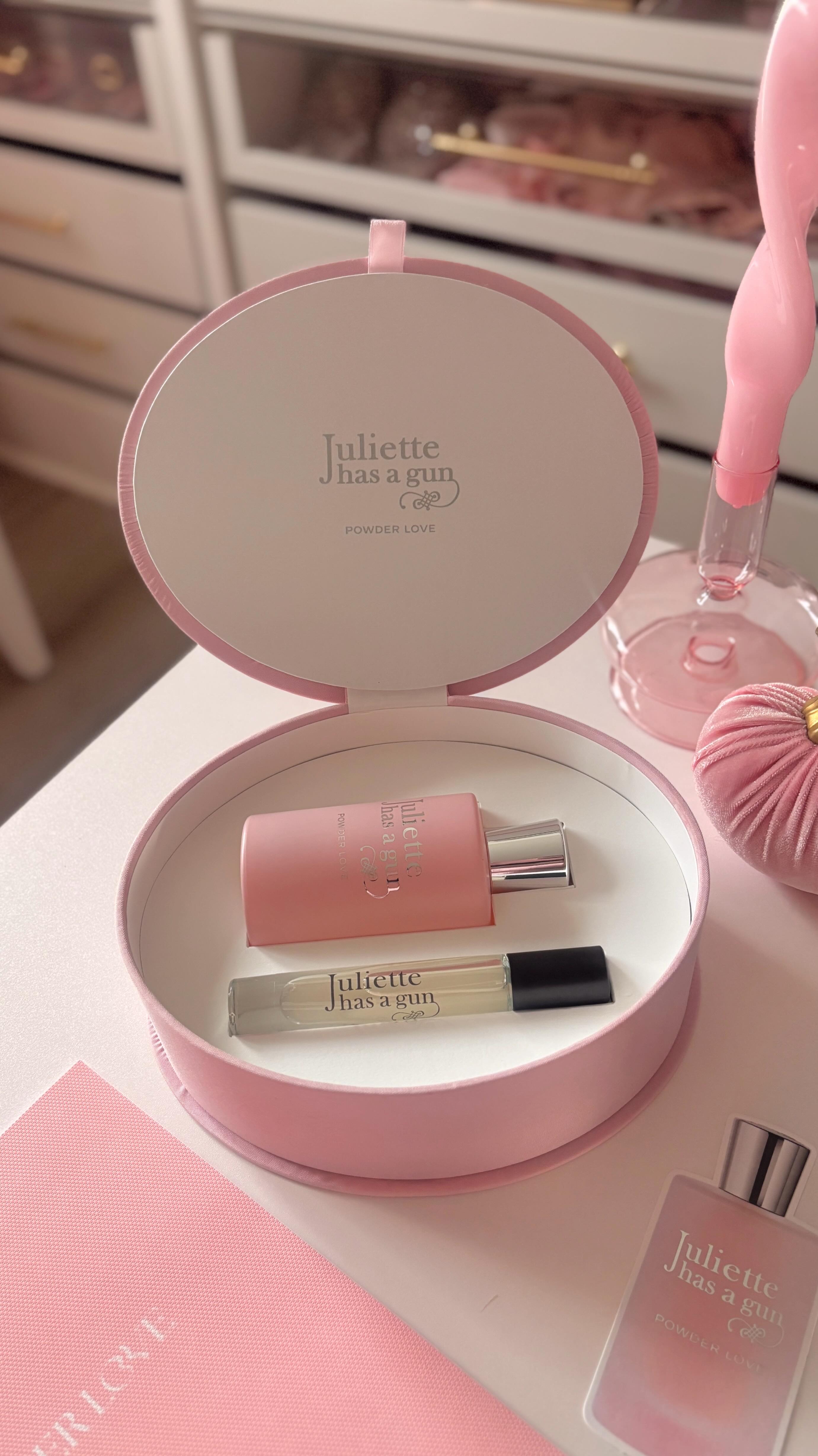 Instagram post by @daracelim for Juliette has a gun. Caption reads: [...] 💗 introducing Powder Love by Juliette Has a....