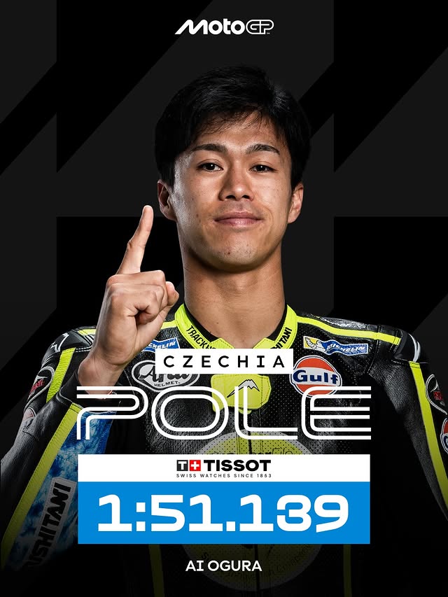 Instagram post by @trackhousemotogp for TISSOT. Caption reads: OGURA TAKES HIS MAIDEN #MotoGP POLE POSITION....