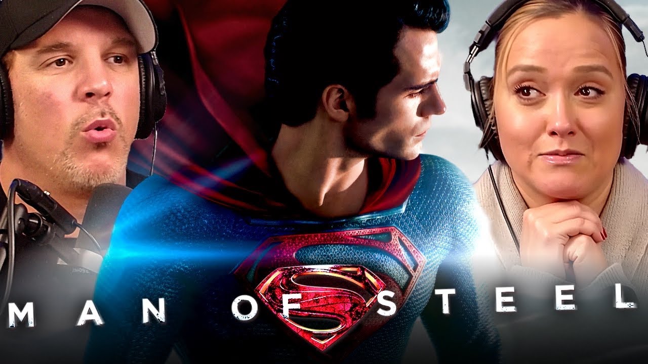 YouTube post by @TheKristianHarloff for TeePublic. Caption reads: MAN OF STEEL (2013) | Movie REACTION! | First Time....