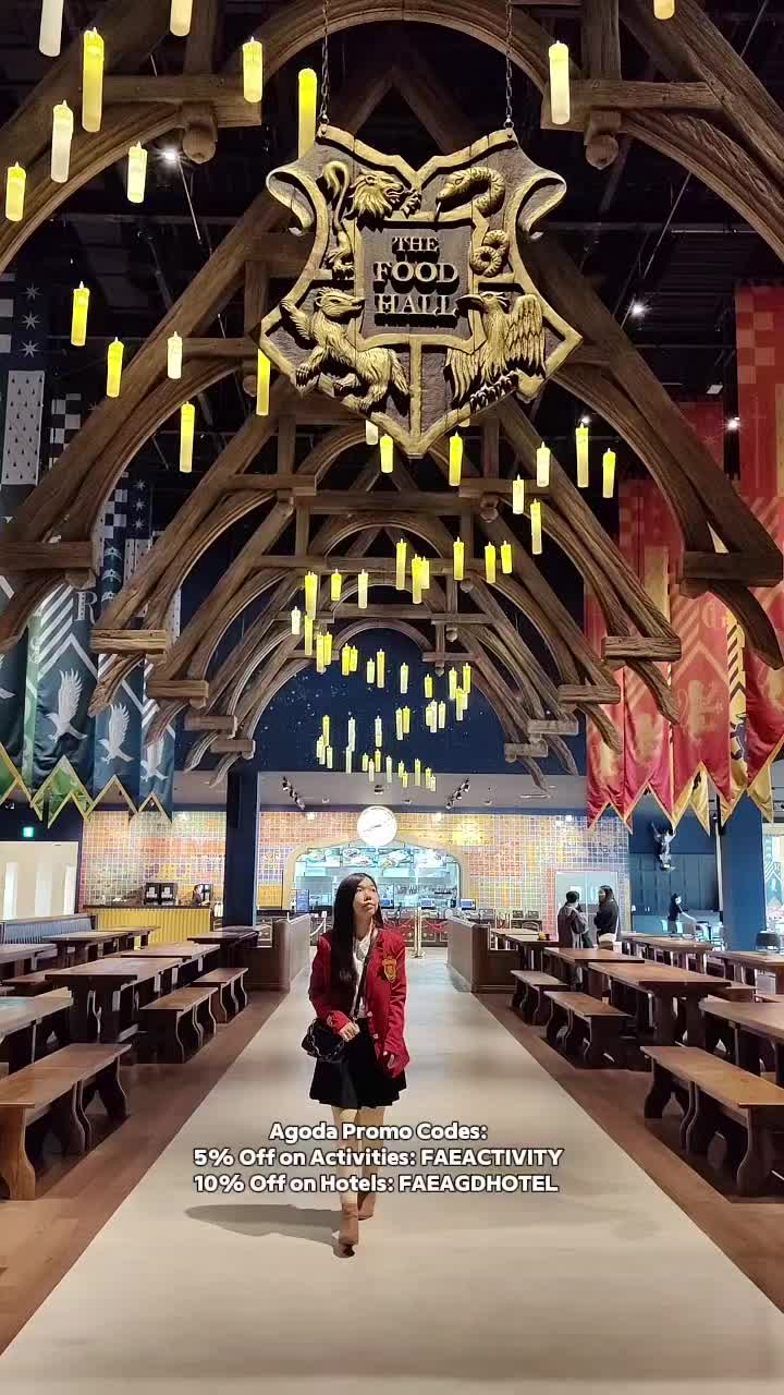 TikTok post by @faecelinee for agoda. Caption reads: From the Great Hall to Diagon Alley, every corner....