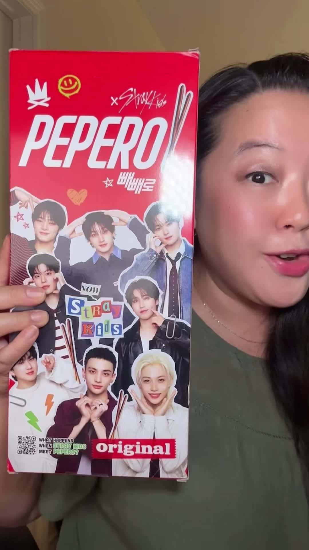 TikTok post by @jpjpleeee for Stray Kids. Caption reads: A perfect way to get @Stray Kids x Pepero snacks....