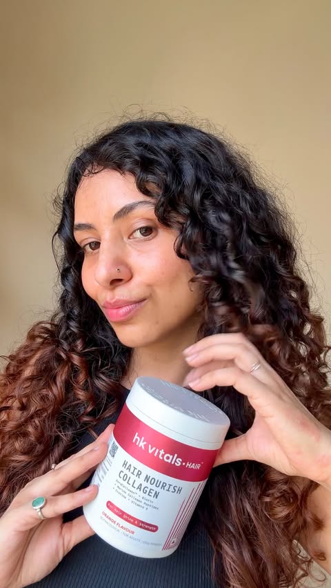Instagram post by @anjalicoladaa for HK Vitals. Caption reads: [...] shampoo won’t fix it This 1 scoop of....