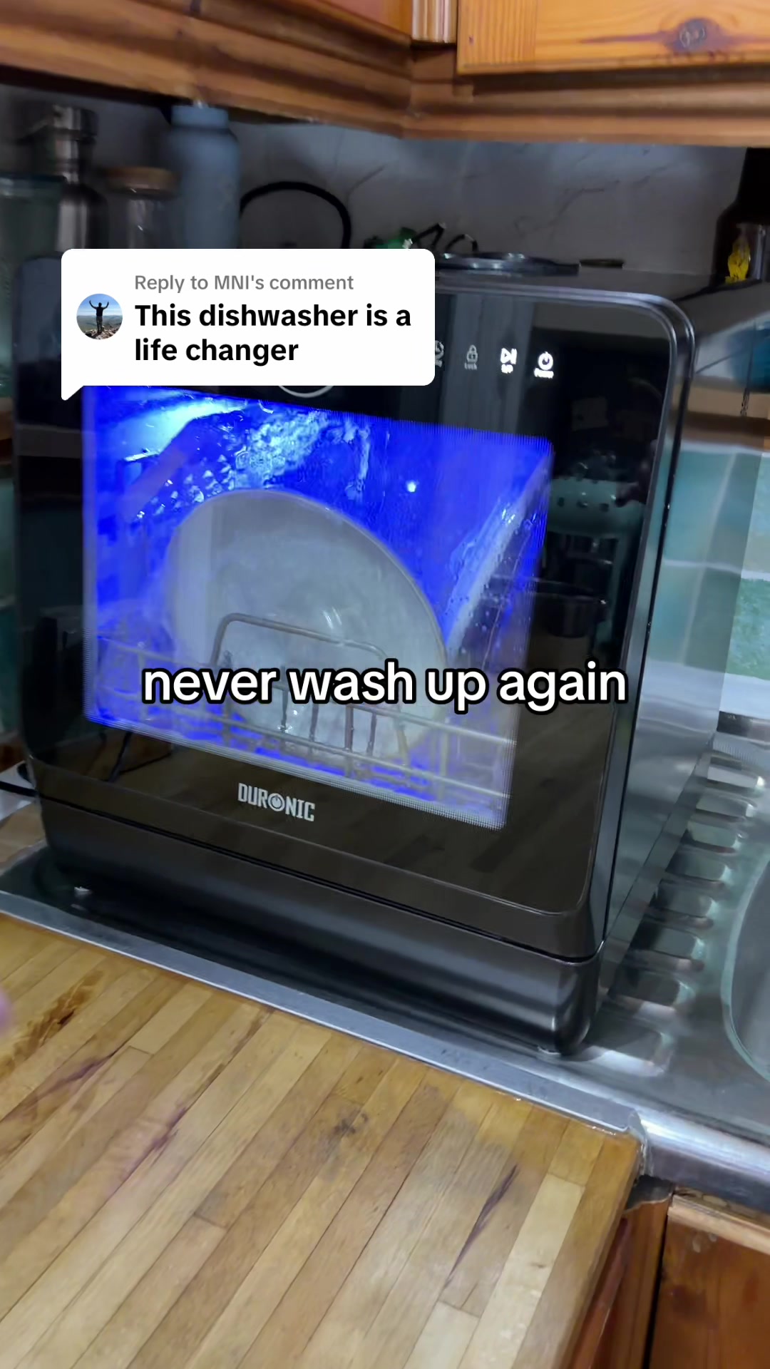 TikTok post by @heyitsemily___ for Duronic. Caption reads: [...] #clean #cleaning #dishwasherhack @Duronic.