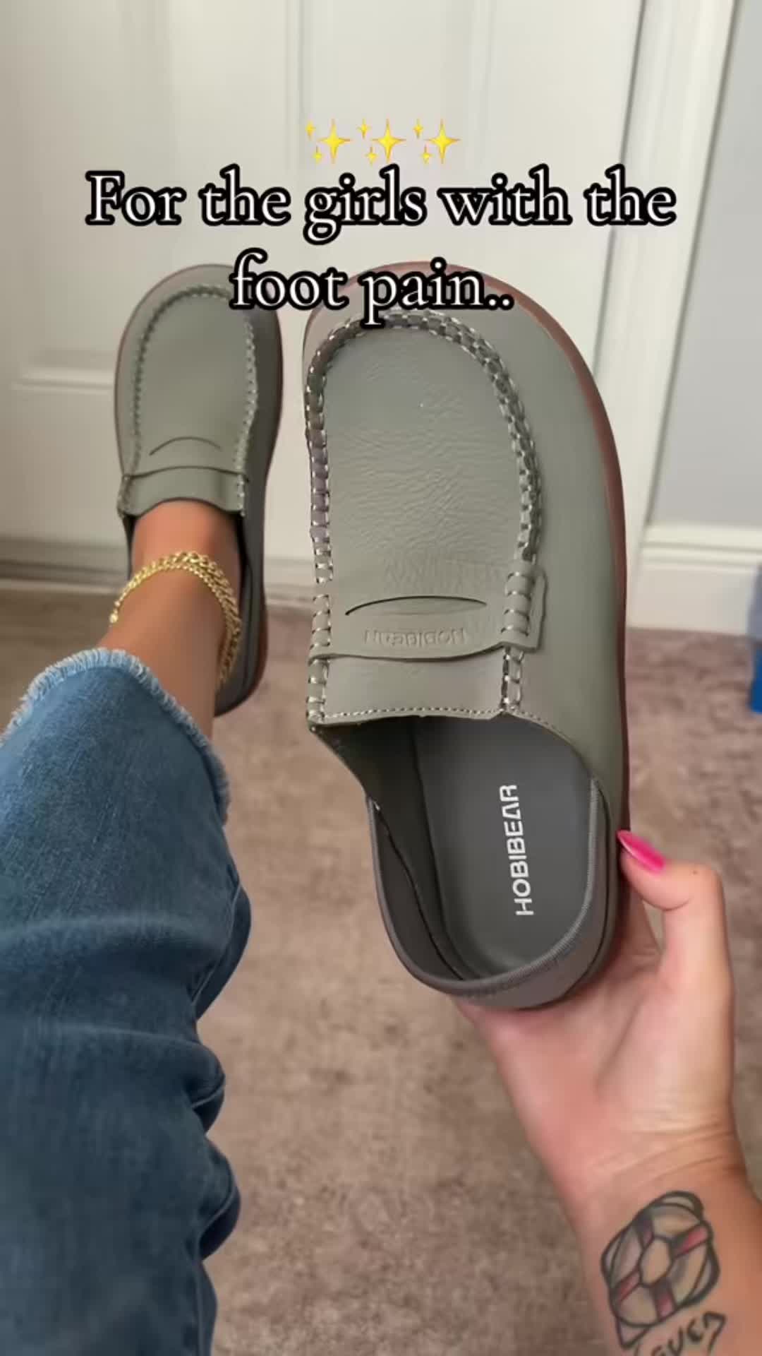 TikTok post by @super.cute.finds for HOBIBEAR Shoes. Caption reads: [...] GAME CHANGERS!! SO COMFY & cute! @HOBIBEAR....