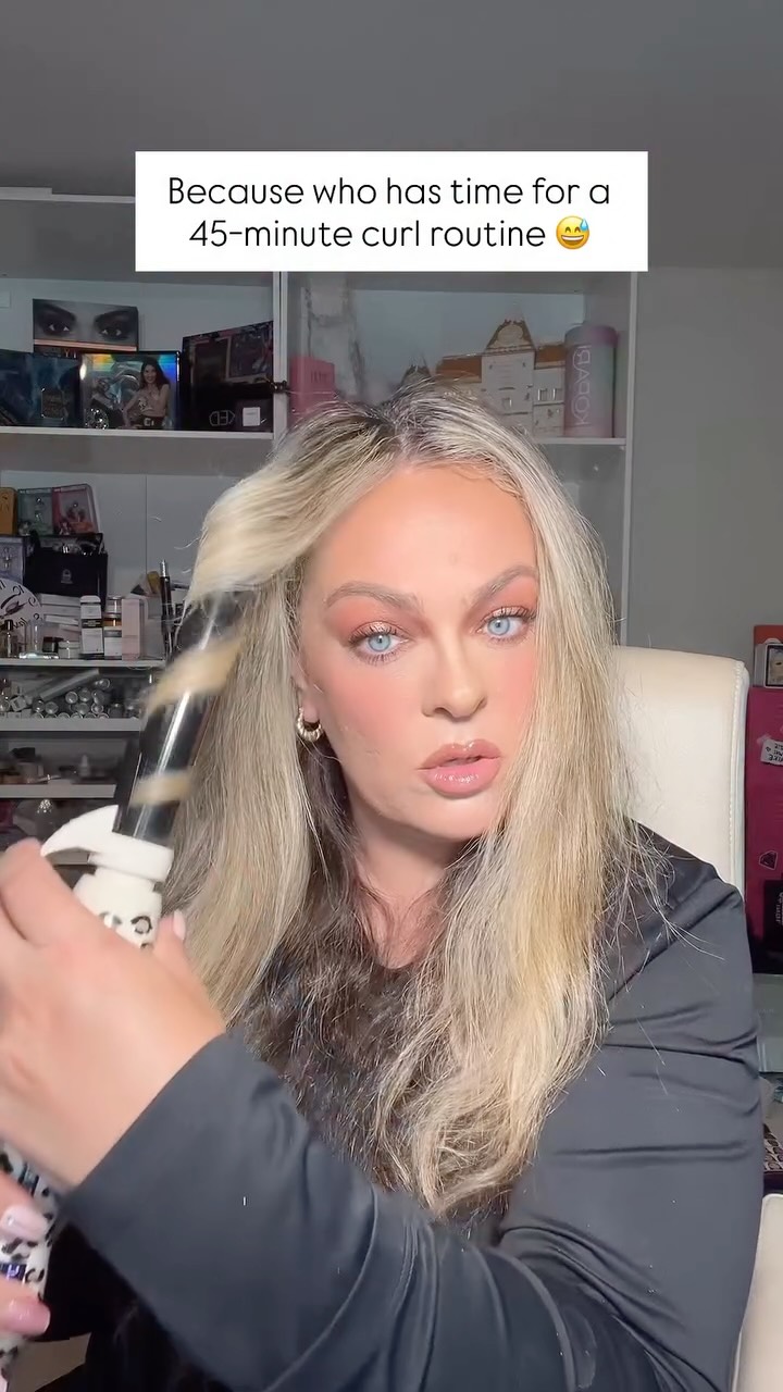 Instagram post by @shimycatsmua for Beachwaver. Caption reads: Curls in minutes — because mom life doesn’t wait....