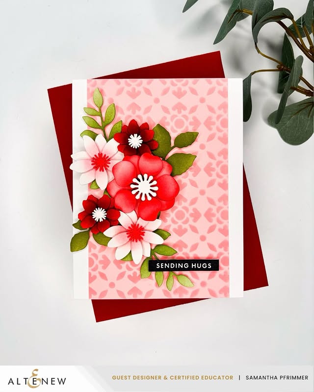 Instagram post by @sammakescards for Altenew. Caption reads: [...] Serene Lattice Stencil from the January....