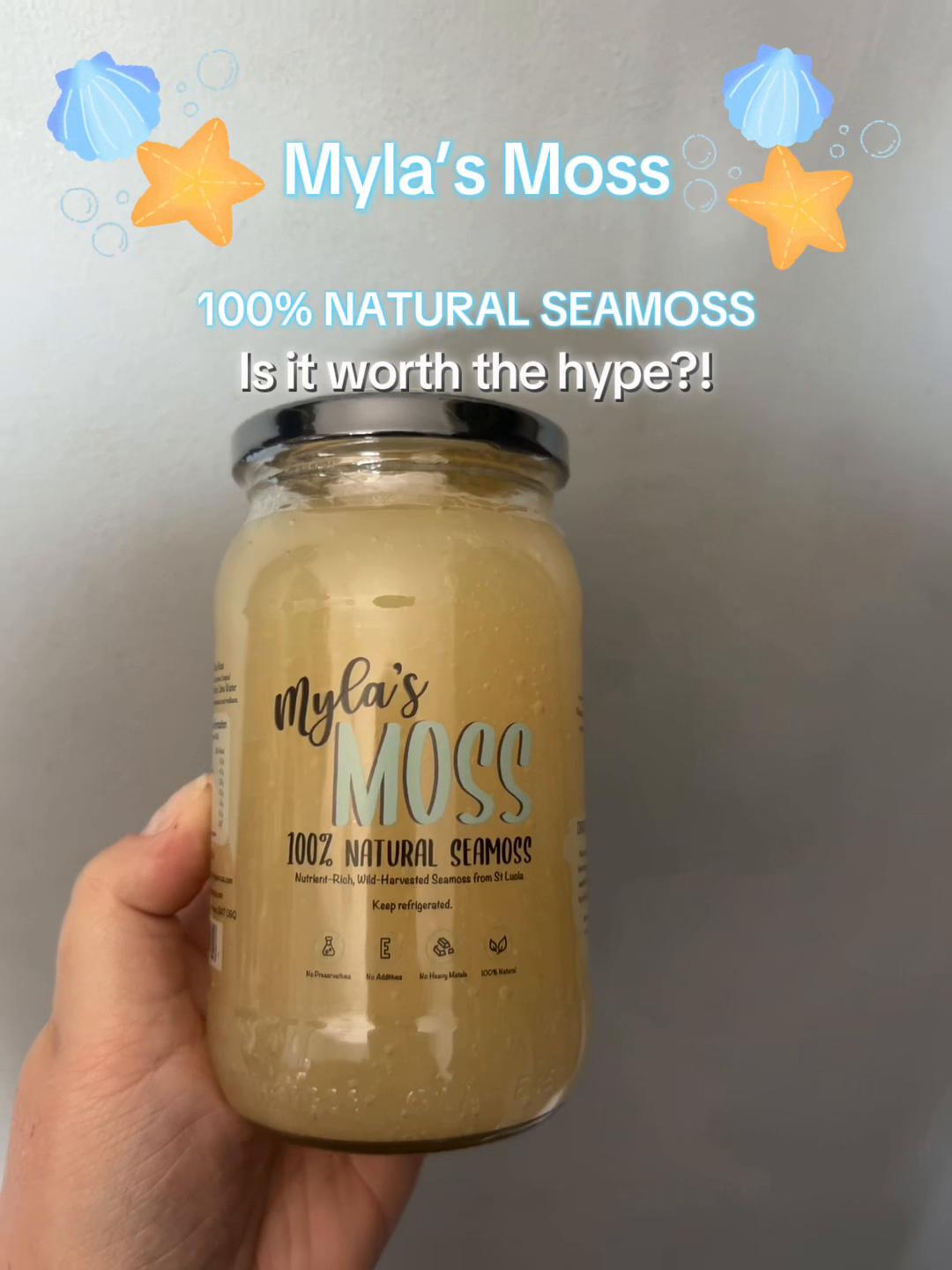 TikTok post by @leanne1b for Myla's Moss. Caption reads: [...] thoughts?!?!?! 🌊 #seamoss #seamossgel....
