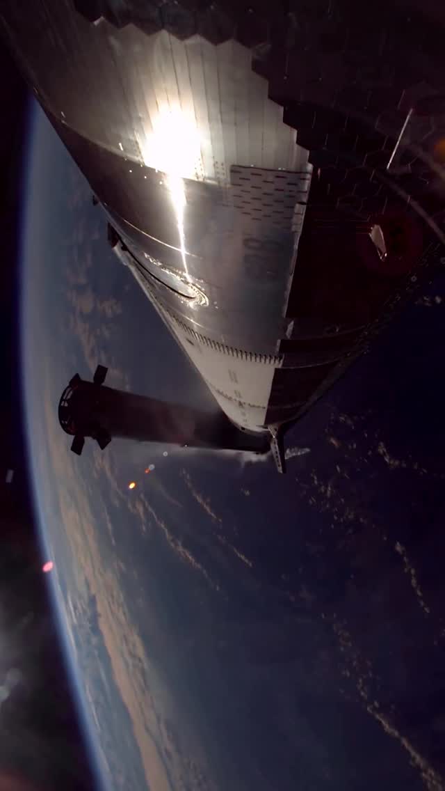 Instagram post by @spacex_spacenews for SpaceX. Caption reads: Super Heavy hot-staging and boostback burn! Credit....