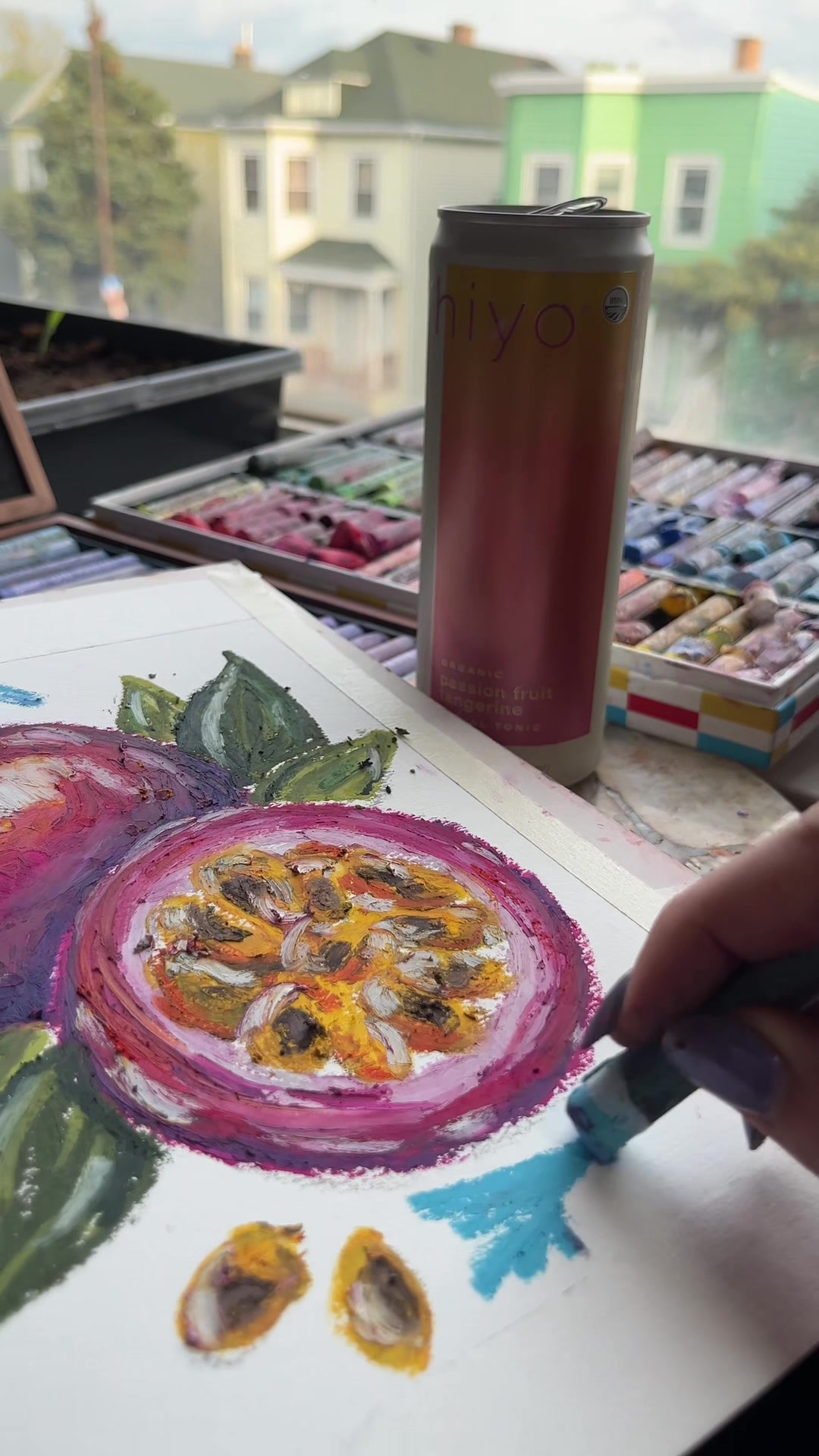 TikTok post by @witchmxm for hiyo. Caption reads: [...] oil pastel passionfruit to match @drink hiyo....