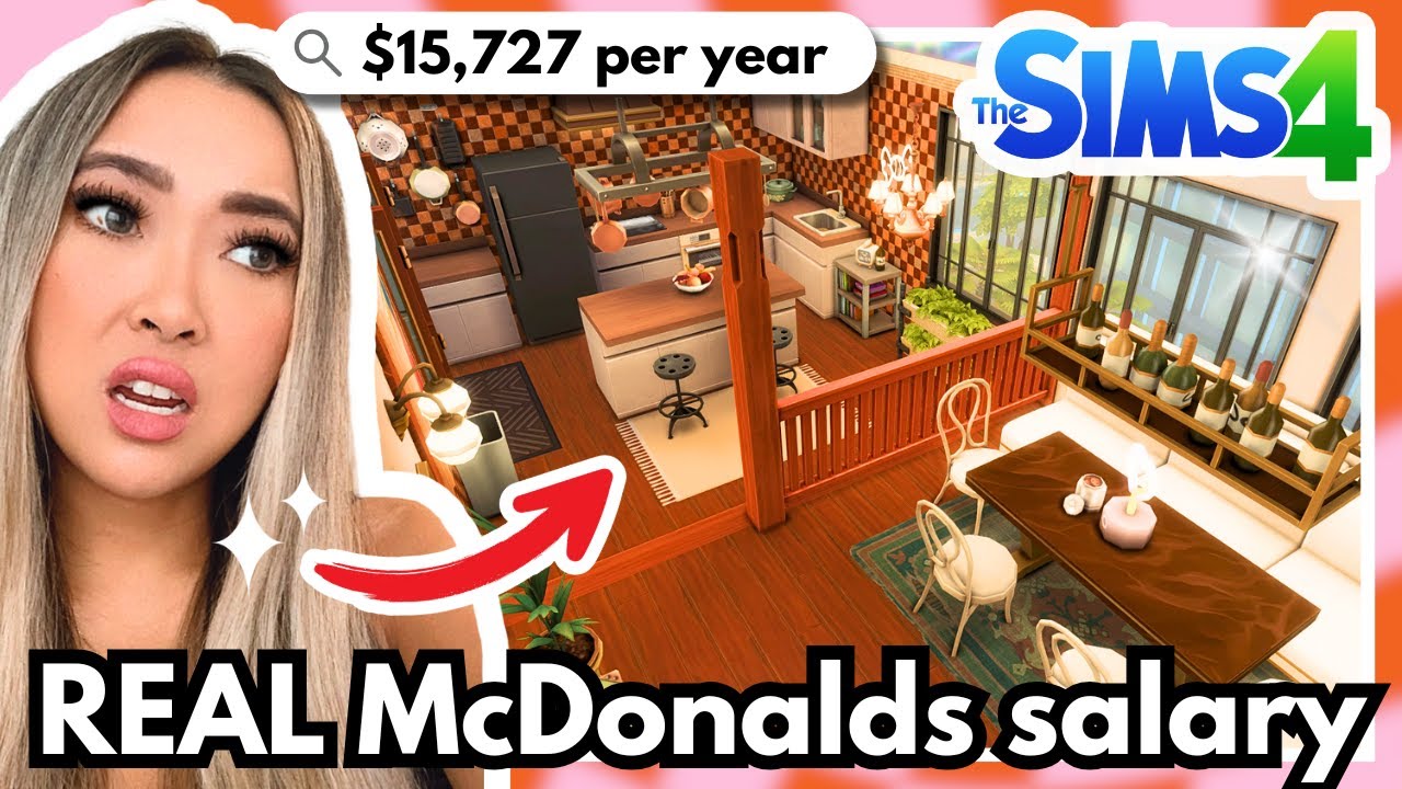 YouTube post by @DoctorAshley for The Sims. Caption reads: building a home for a FAST FOOD WORKER using a....