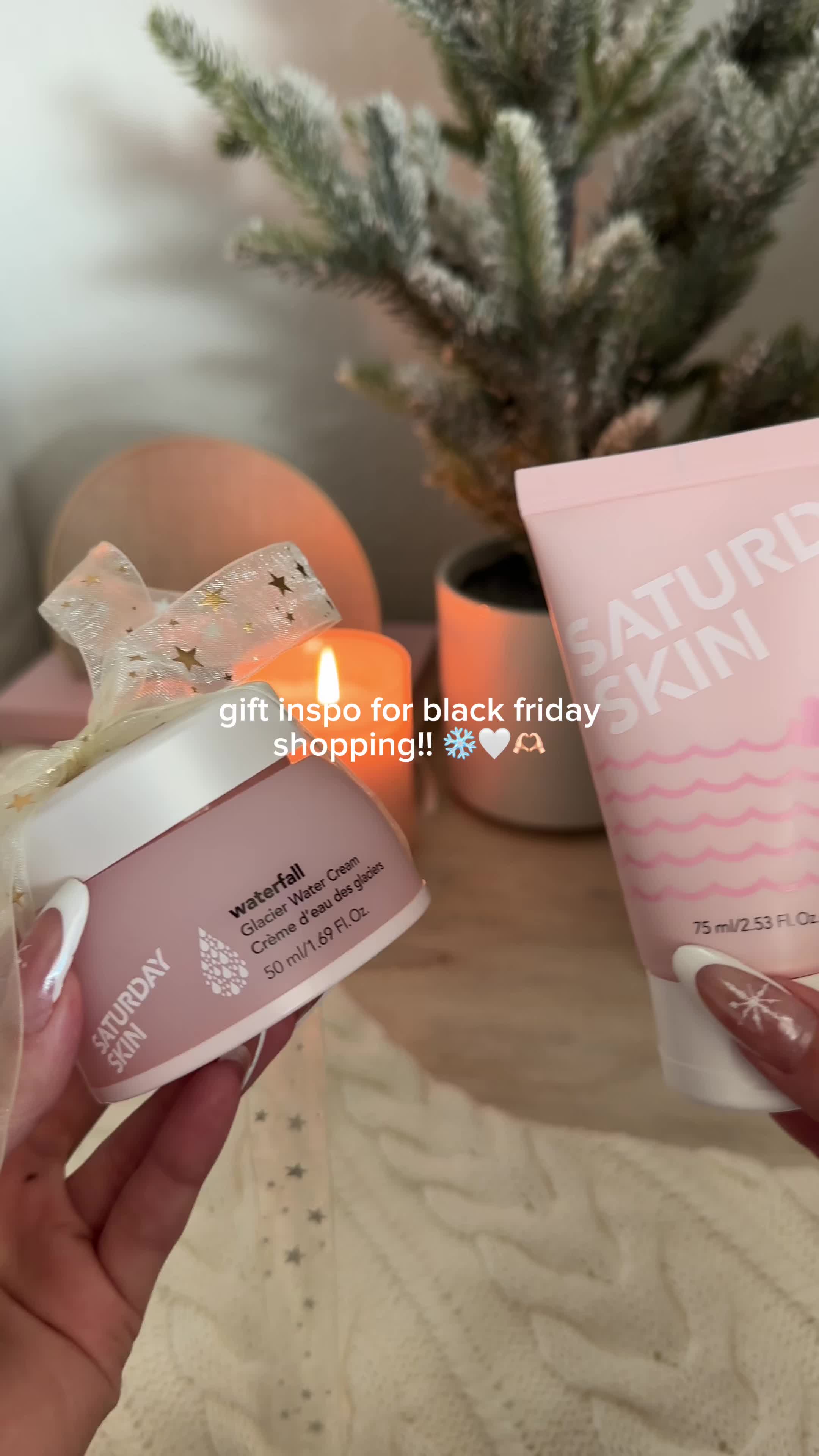 TikTok post by @ashleynoelleeee for Saturday Skin. Caption reads: #ad gift inspo for black friday shopping!! ❄️☃️✨....